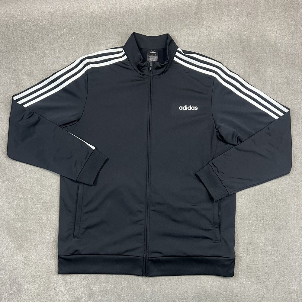 Adidas Track Jacket Mens XL Black White 3-Stripes Full Zip Recycled Polyester